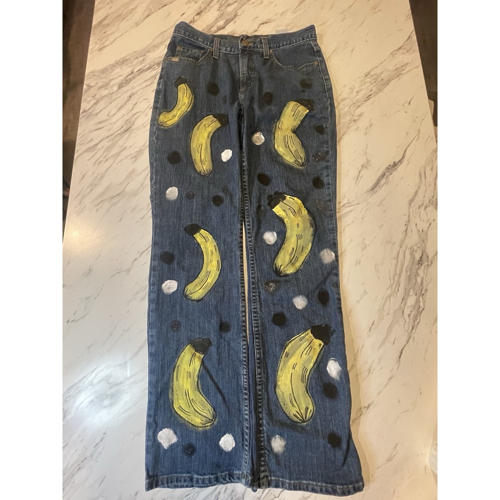 Cruel Girl Relaxed Dark Wash Straight Leg Jeans Size 9 Long. Hand Painted Design
